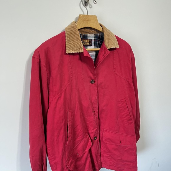 LL Bean Style Chore Jacket Mens XL Red Canvas Corduroy Collar Plaid Lined Faded - Picture 2 of 5